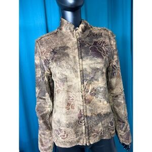 True Grit‎ Dry Goods Womens Brown Floral Fleece Full Zip Jacket Mock Neck Large